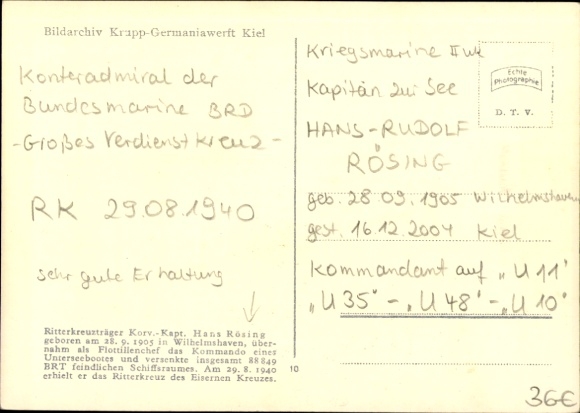 Carte postale Korvettenkapitän Hans Rösing, Chef einer ...